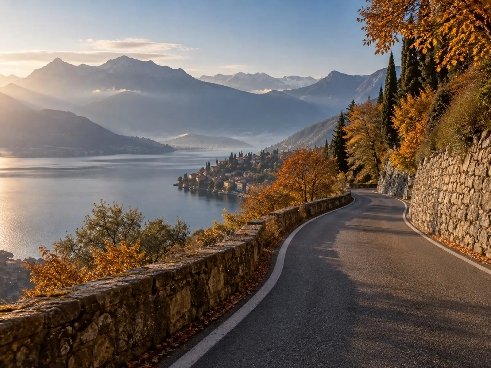 AI-generated illustration of an empty winding road in a Lombard lake landscape