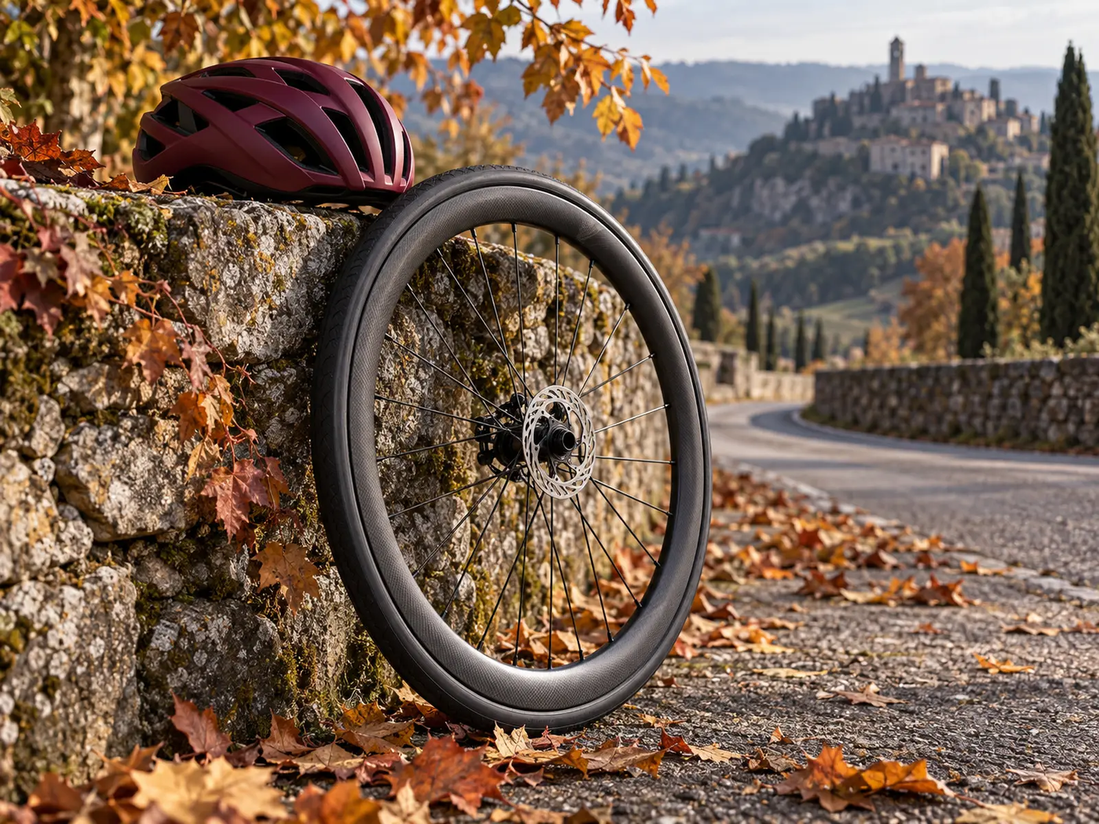 AI-generated still life of a road cycling helmet and wheel