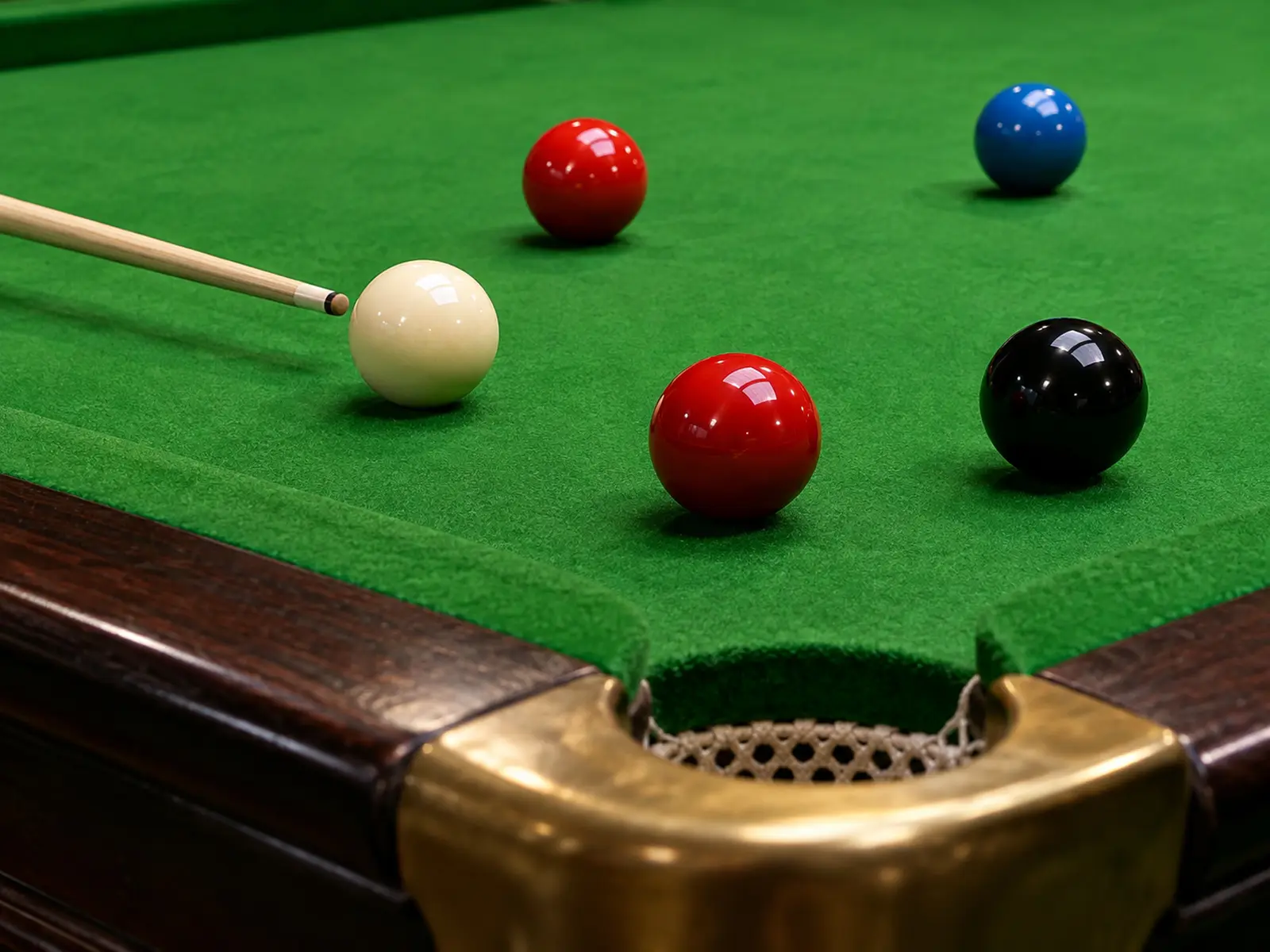 AI-generated close-up of snooker balls and a cue on green cloth
