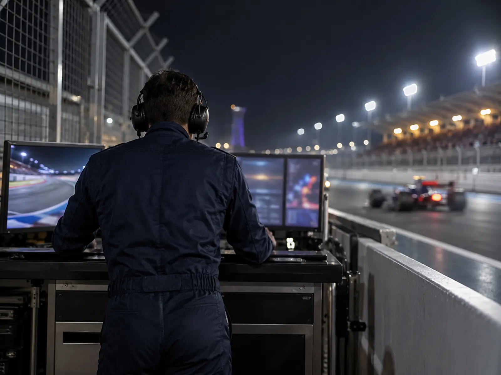 AI-generated illustration of an anonymous race engineer at a pit wall