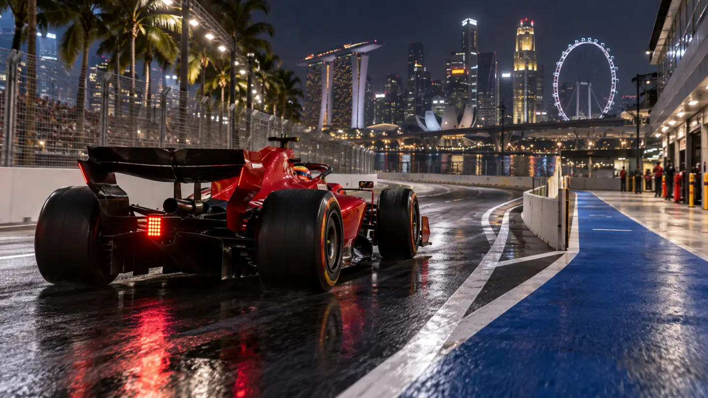 AI-generated illustration of an anonymous single-seater at a night pit entry; not Hamilton or the actual Grand Prix