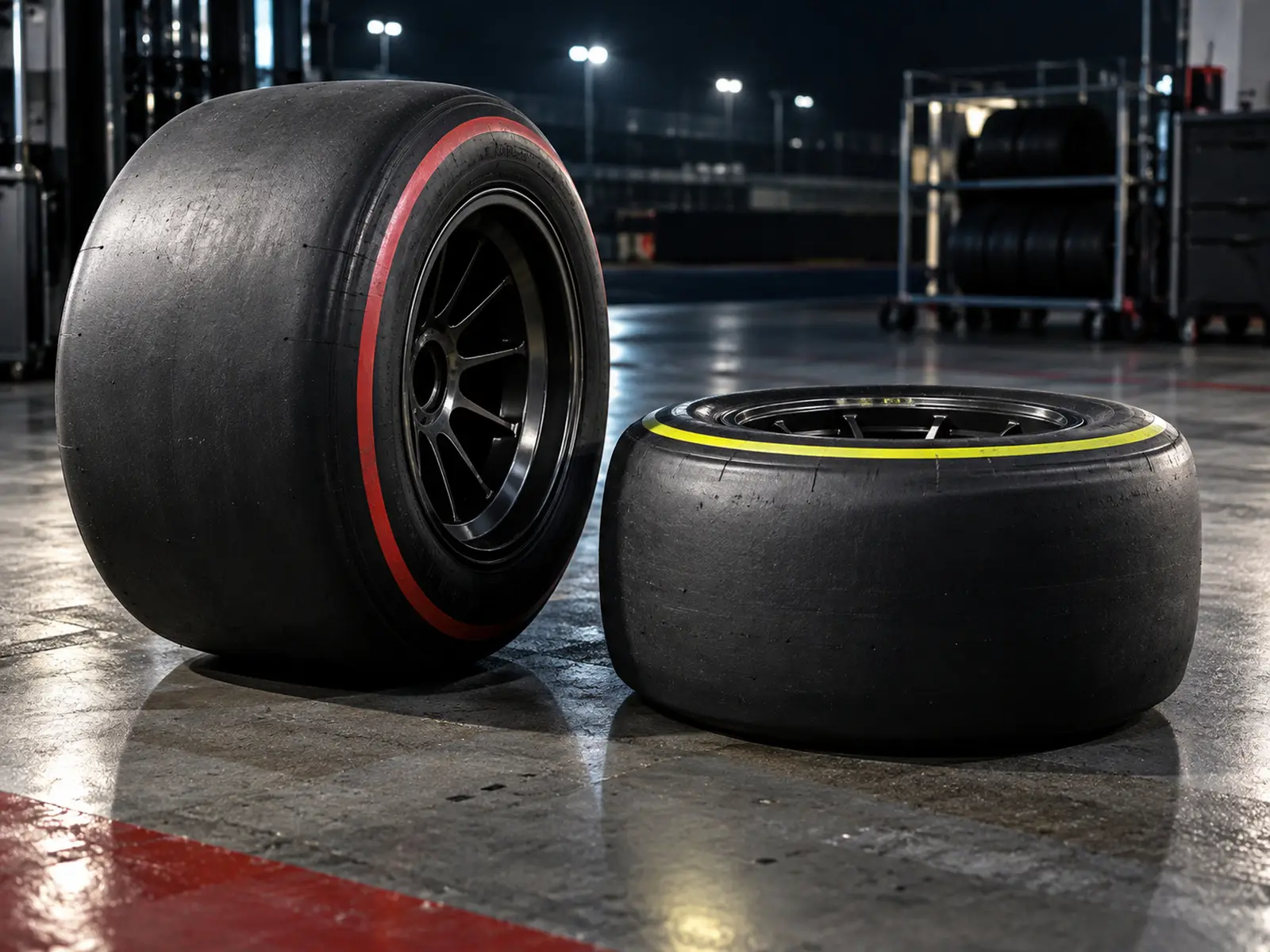 AI-generated close-up of unbranded racing slick tyres in a pit garage