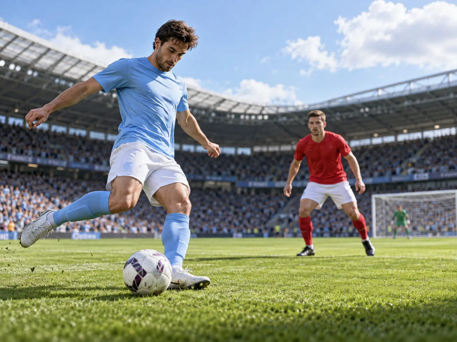 AI-generated illustration of anonymous sky-blue and red football players; not the Manchester City–Liverpool match