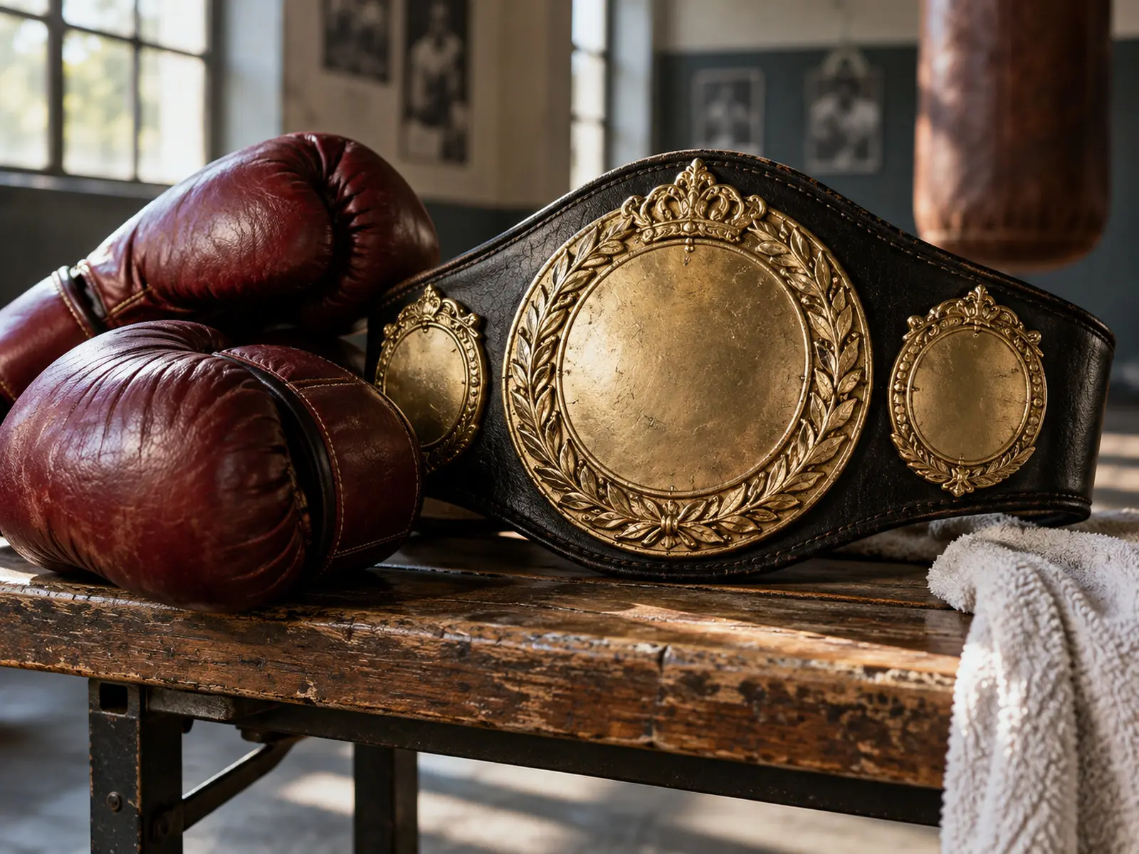 AI-generated illustration of unbranded boxing gloves and a championship belt