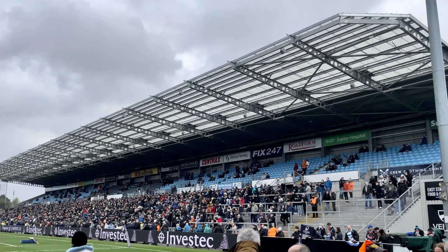 Archive photograph of Sandy Park’s East Stand before a 2023-24 Champions Cup match; not Exeter–Newcastle