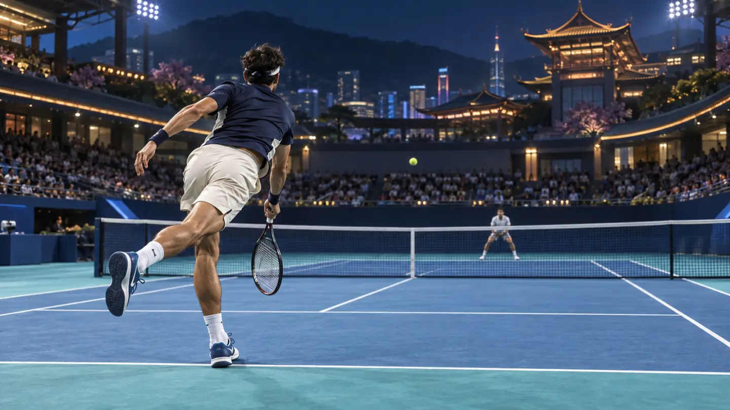 AI-generated illustration of anonymous tennis players at a hard-court night match; not Bergs, Alcaraz or the actual match