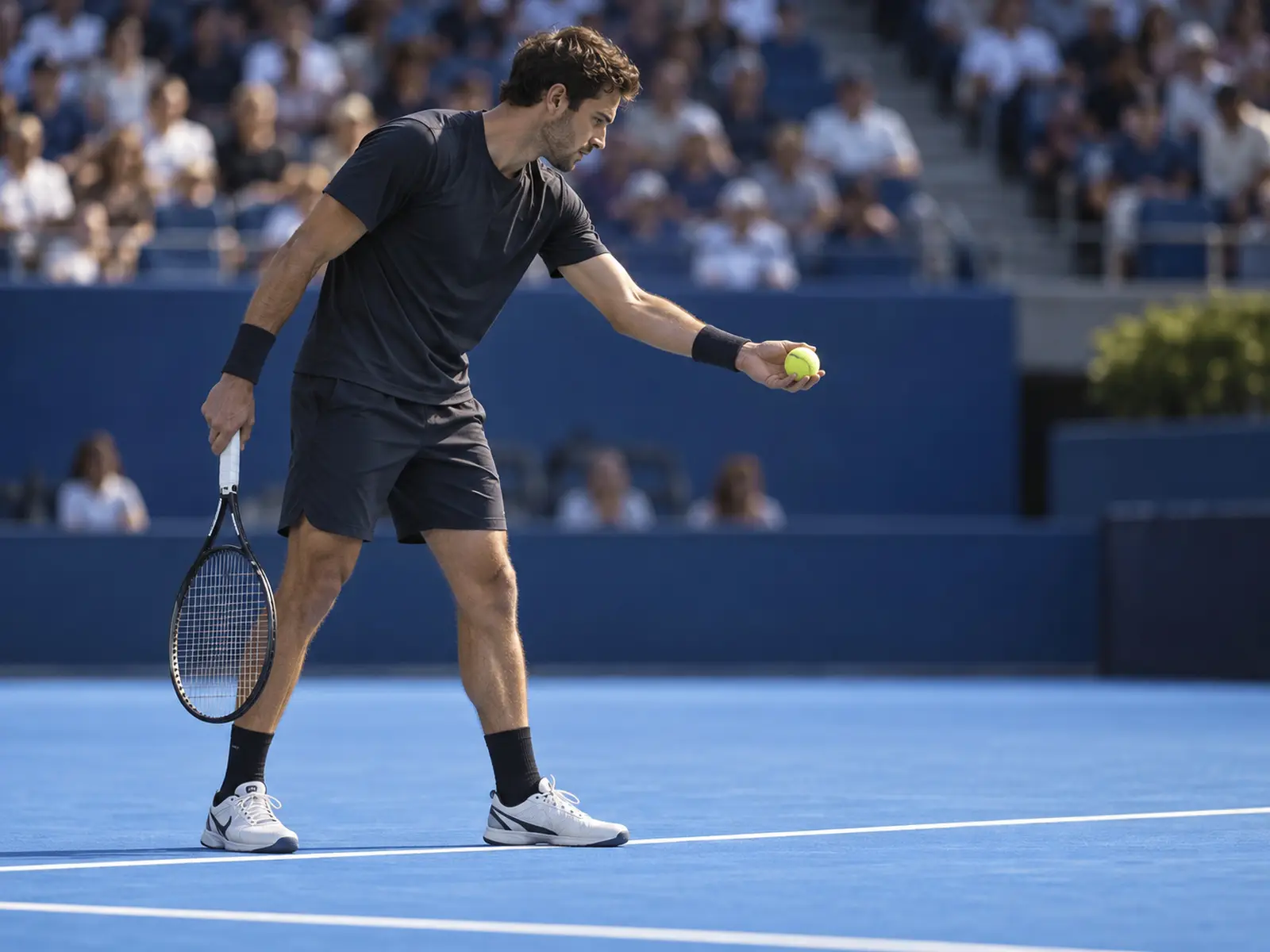 AI-generated illustration of an anonymous tennis player preparing to serve