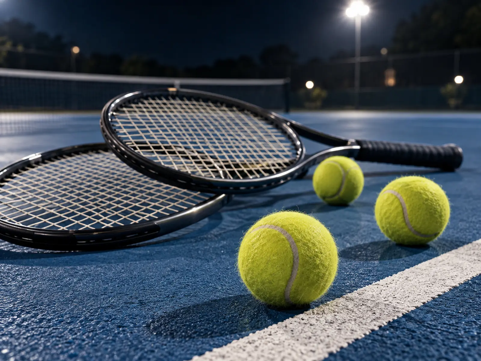 AI-generated tennis racket and ball detail on a blue hard court