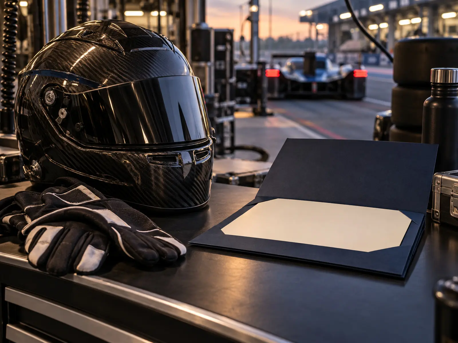 AI-generated conceptual still life of a racing helmet and blank invitation folder