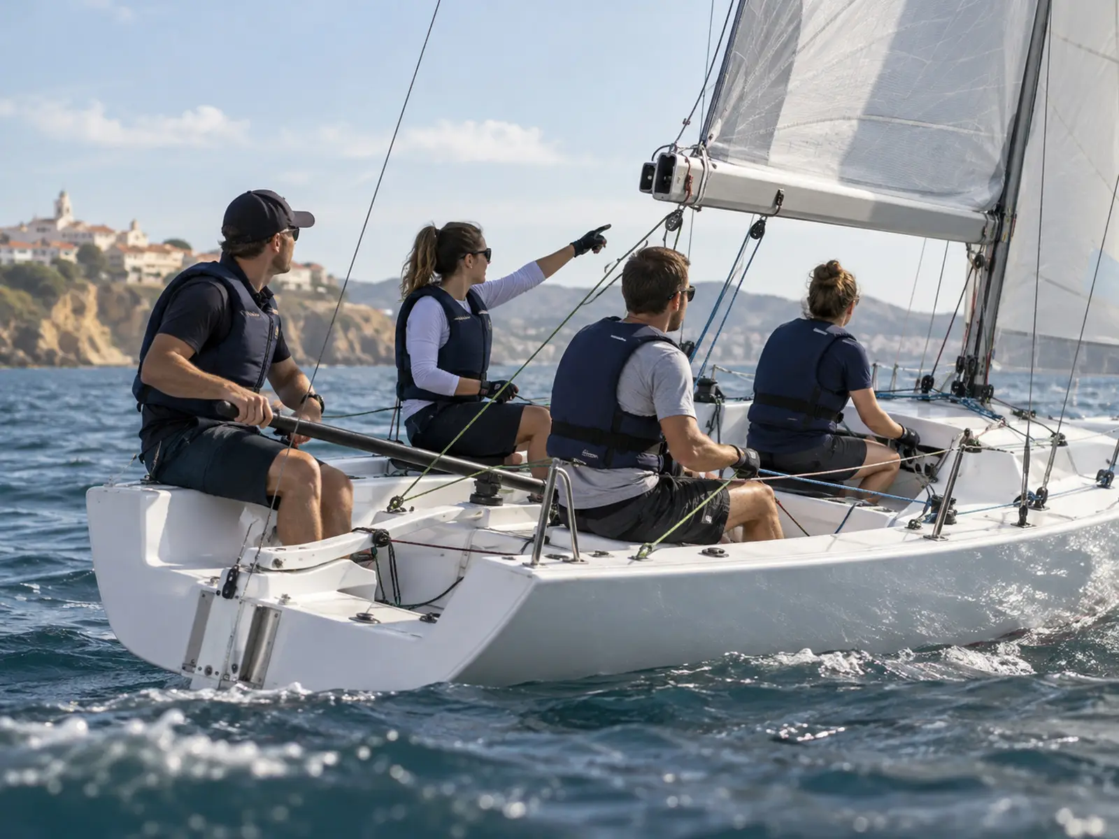 AI-generated illustration of an anonymous sailing crew; not the British RS21 title-winning team