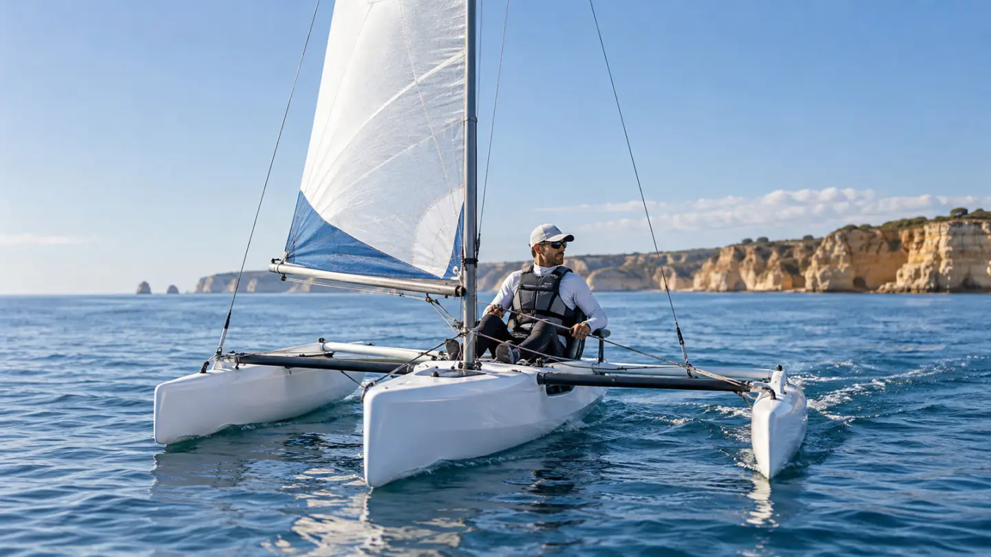 AI-generated illustration of an anonymous sailor in a small trimaran; not James Coxon or the championship race