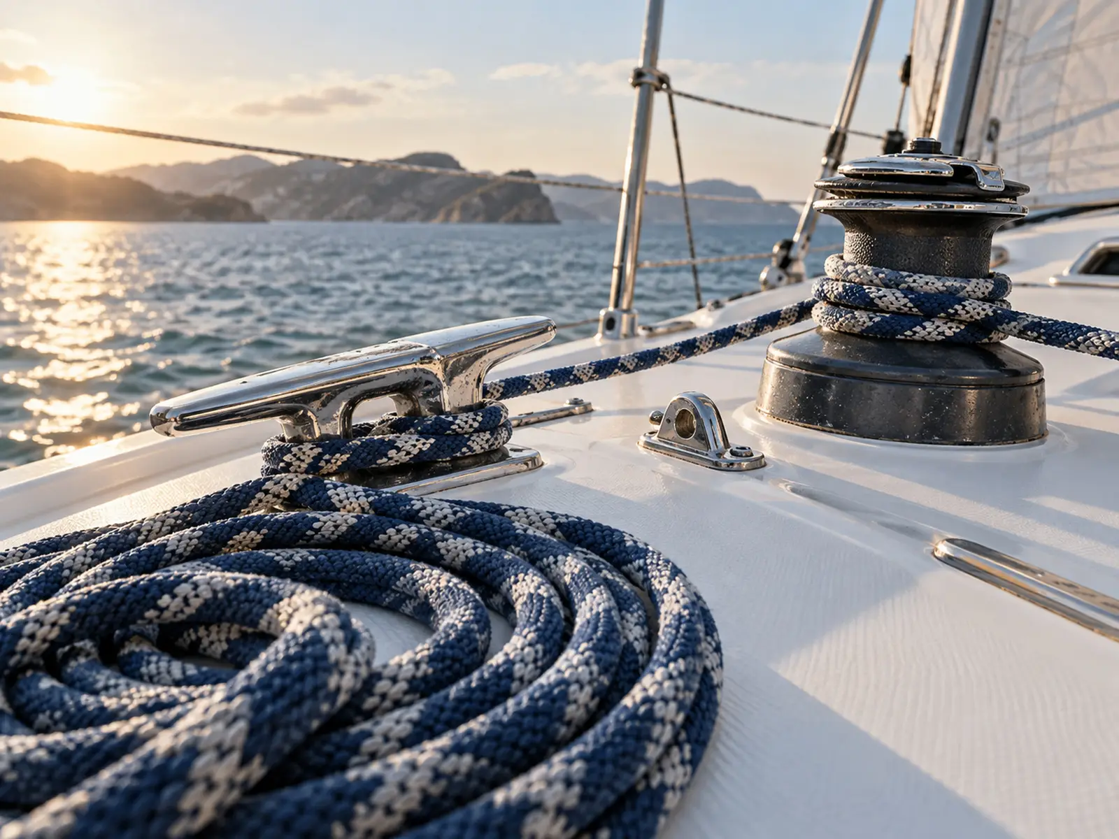 AI-generated close-up of sailing ropes and a cleat on a boat