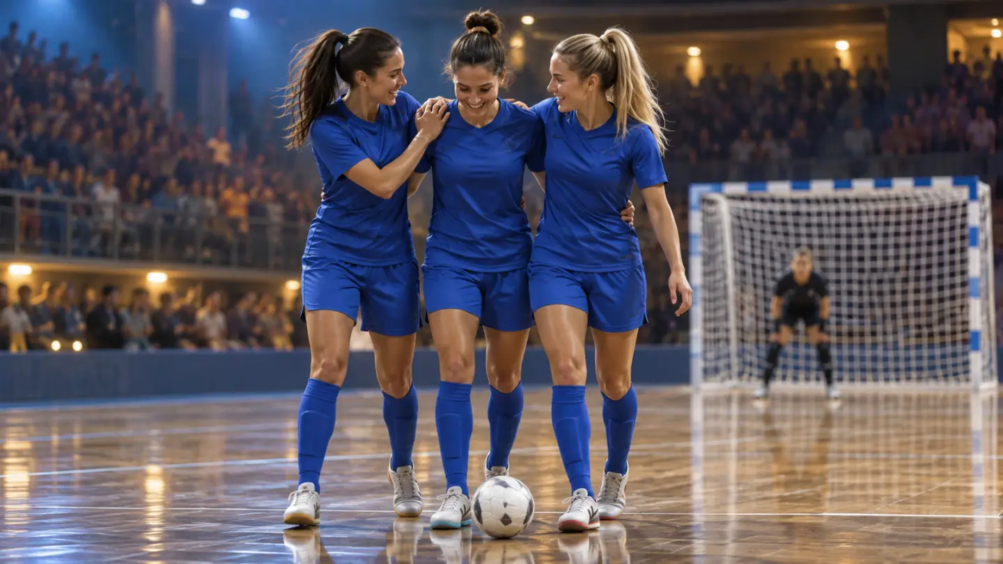 AI-generated illustration of anonymous women celebrating futsal qualification; not Italy’s actual players