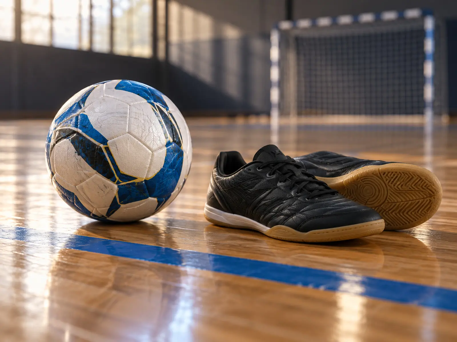 AI-generated close-up of a futsal ball and indoor shoes on a court