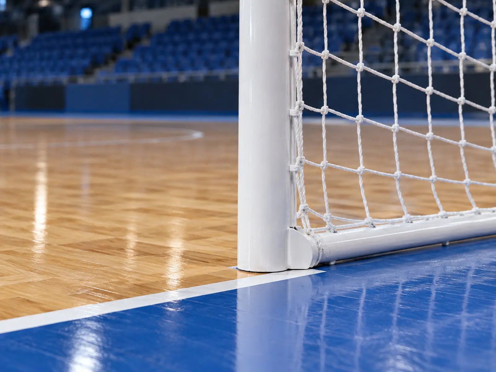 AI-generated close view of a futsal goalpost and net on an indoor court