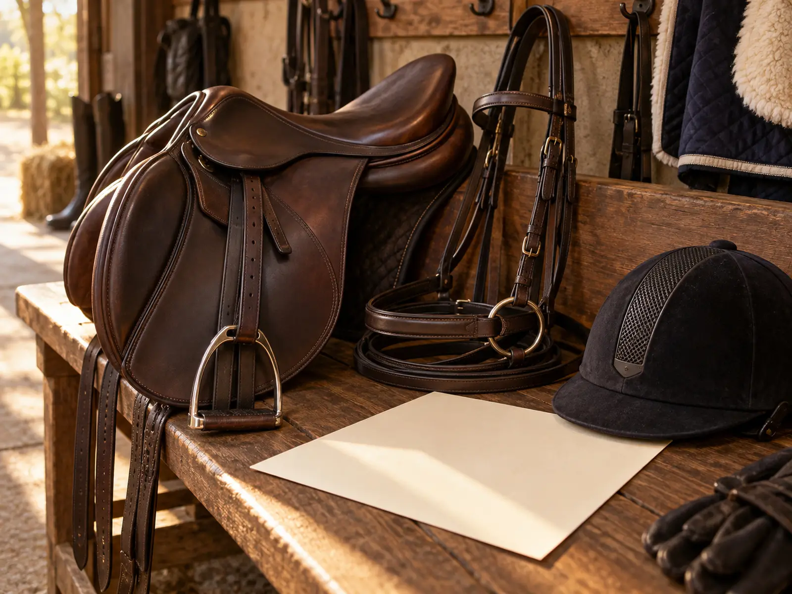 AI-generated close-up of a racehorse bridle and saddle beside a blank entry sheet