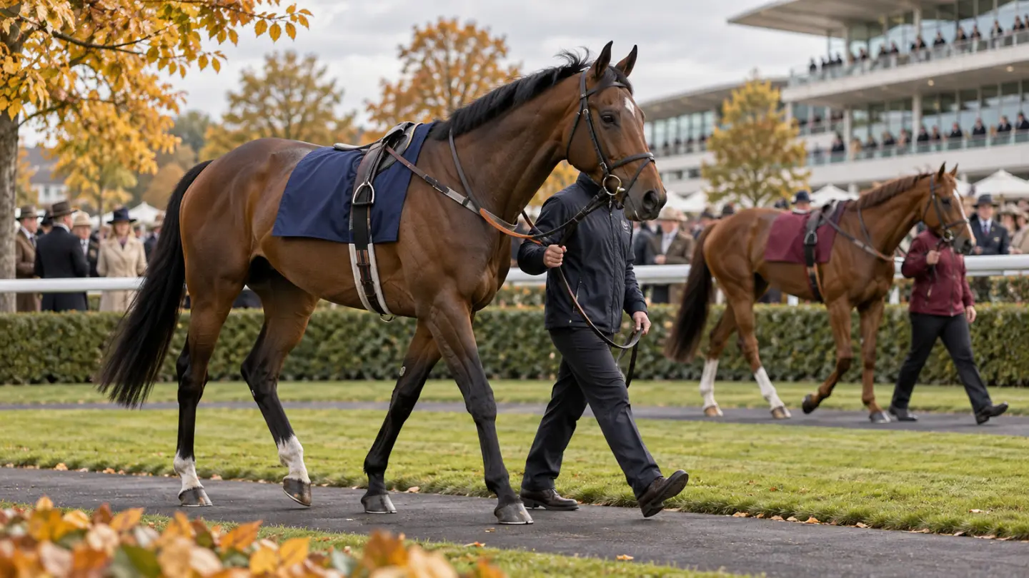 AI-generated illustration of anonymous racehorses in an English paddock; not Kalpana or the declared field