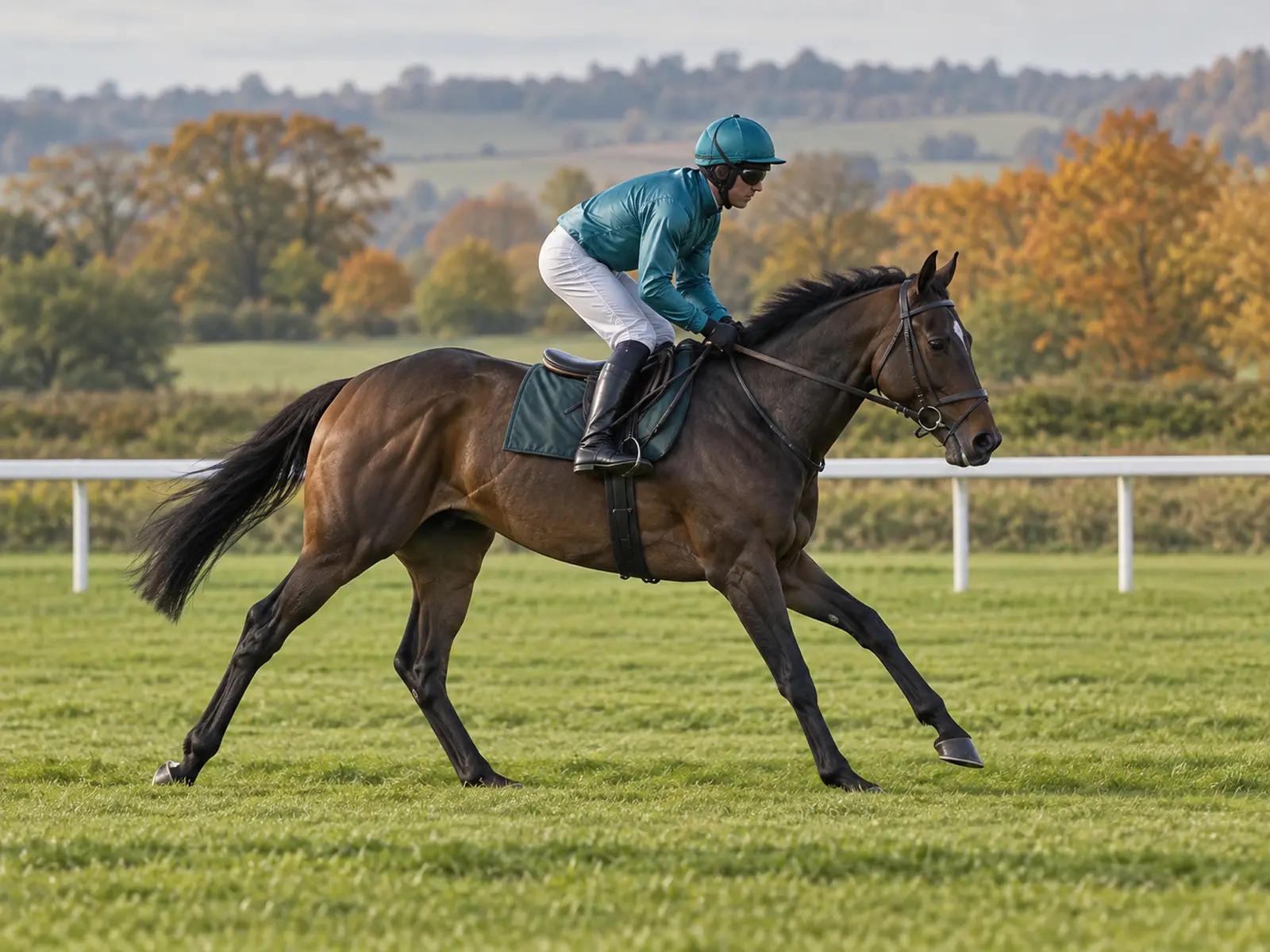 AI-generated illustration of a horse and jockey training on a turf gallop; not an Ascot runner
