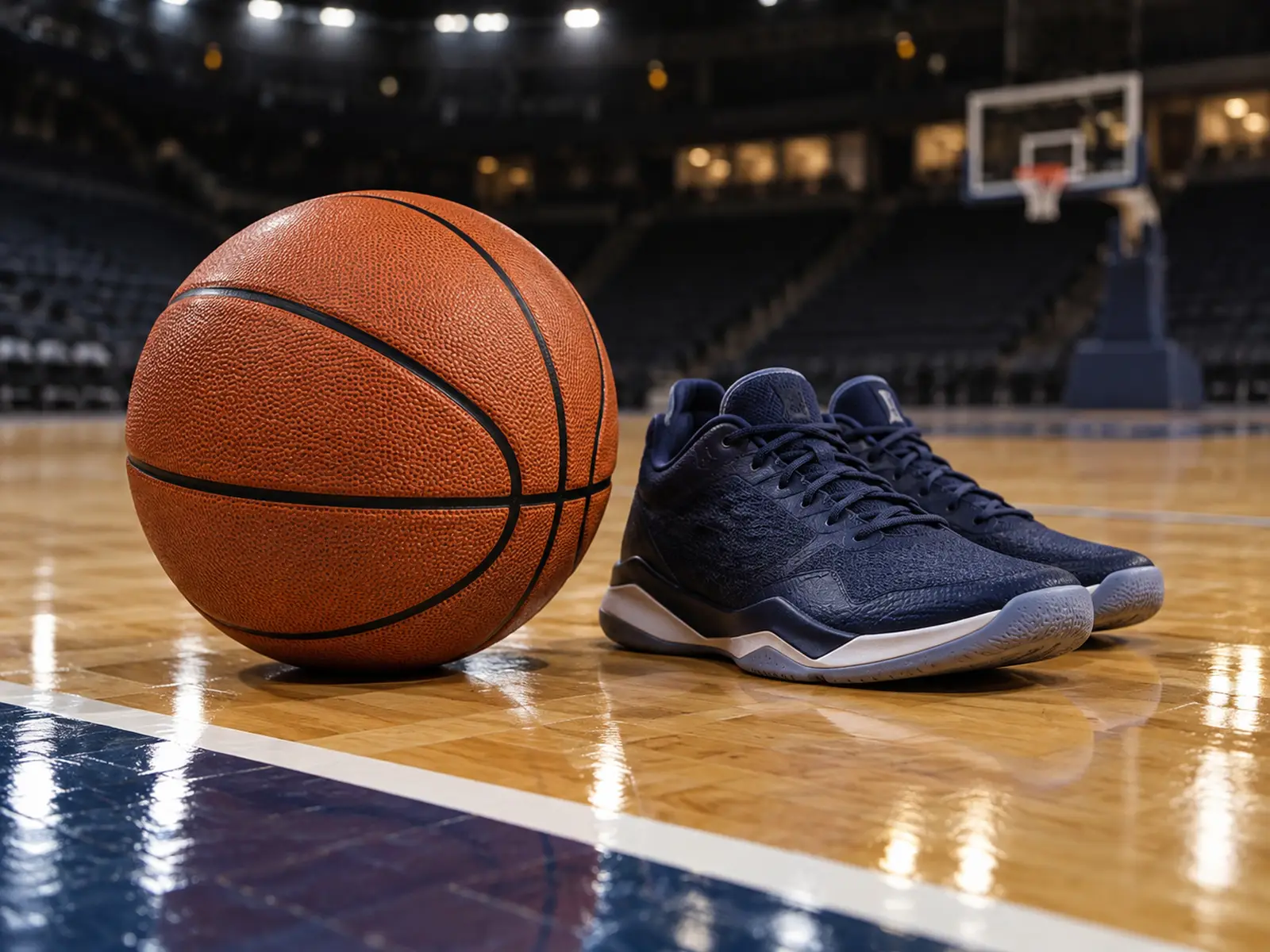 AI-generated close-up of an unbranded basketball and shoes beside a court