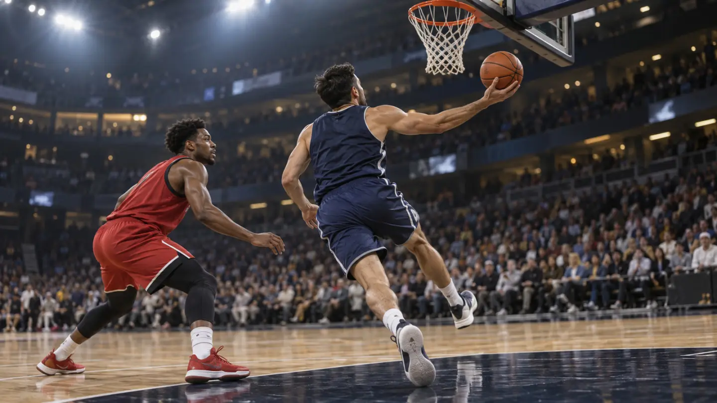 AI-generated illustration of an anonymous basketball player driving for a lay-up; not Kyrie Irving