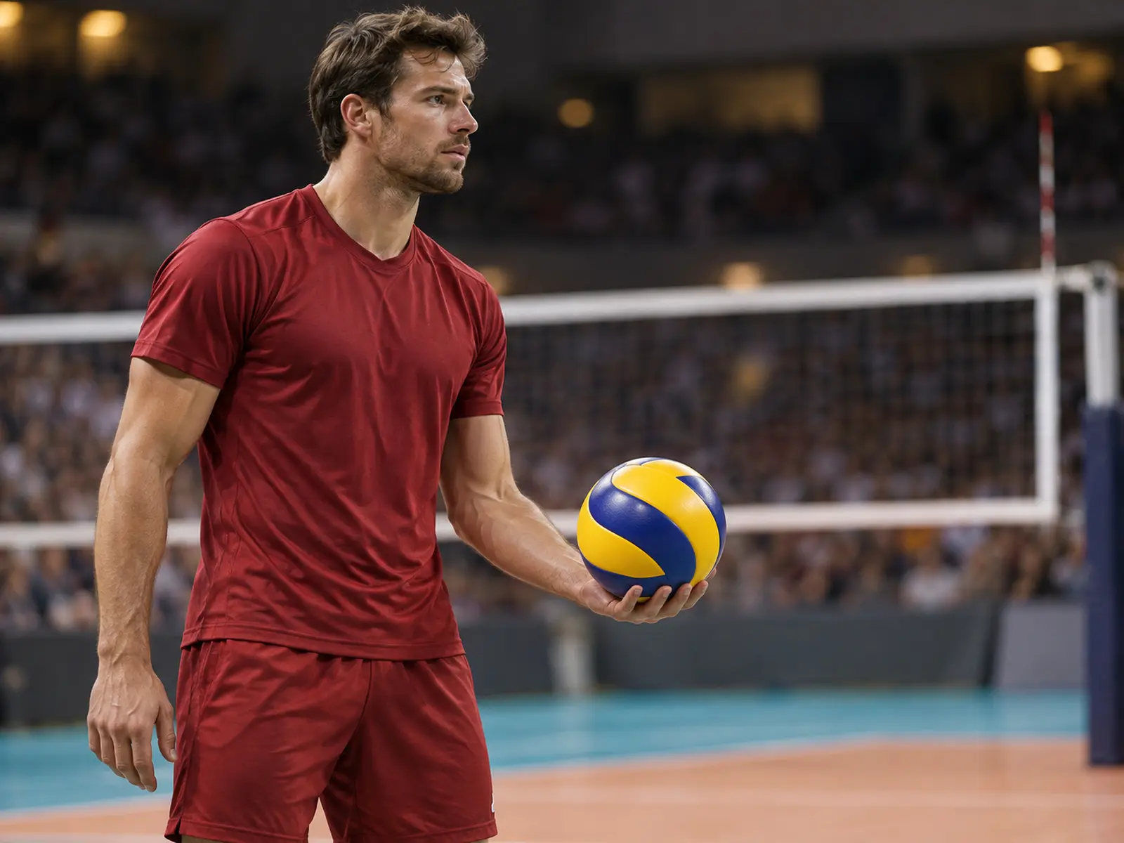 AI-generated illustration of an anonymous male volleyball player preparing to serve