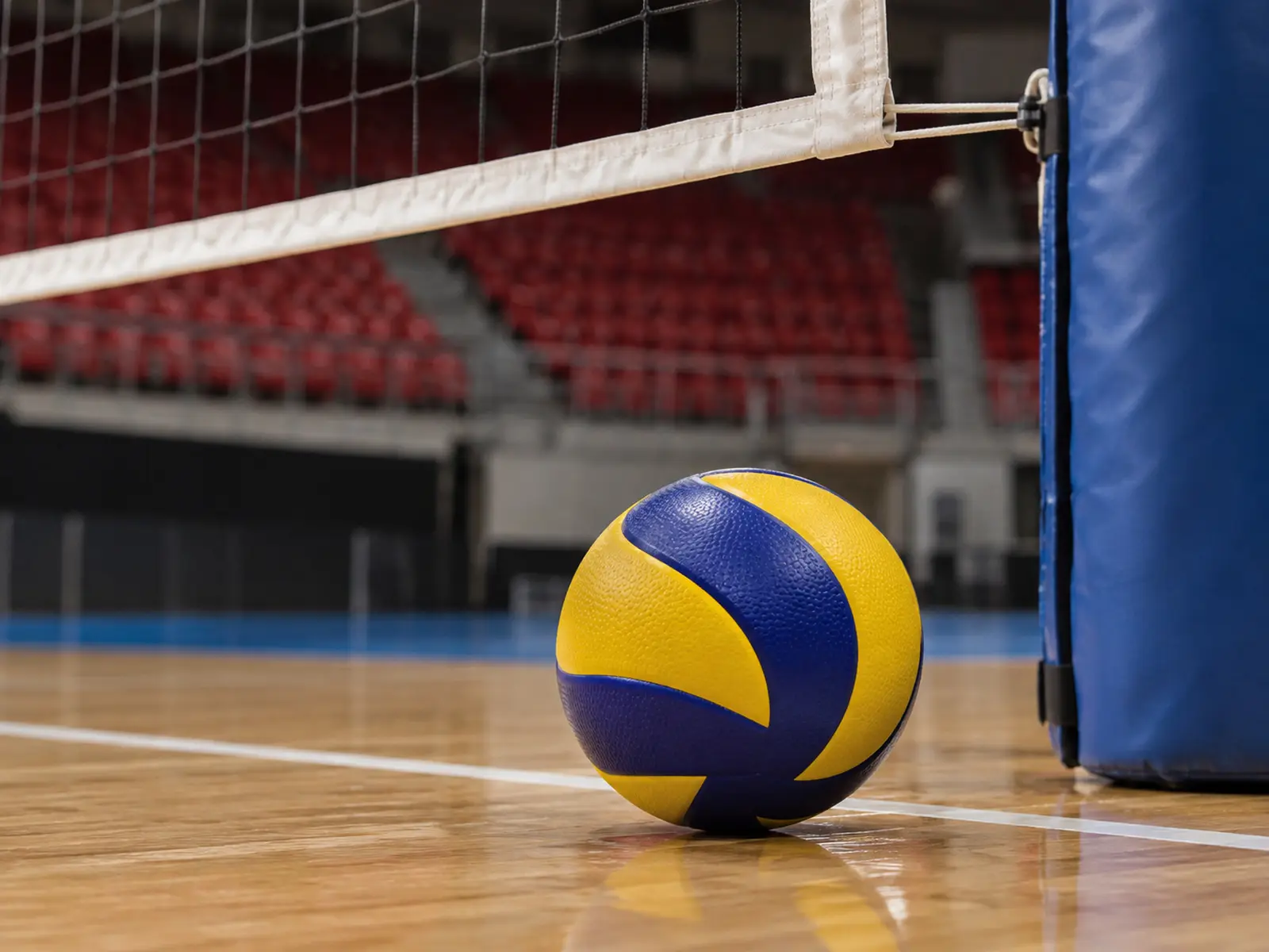 AI-generated close-up of a volleyball beside an indoor net