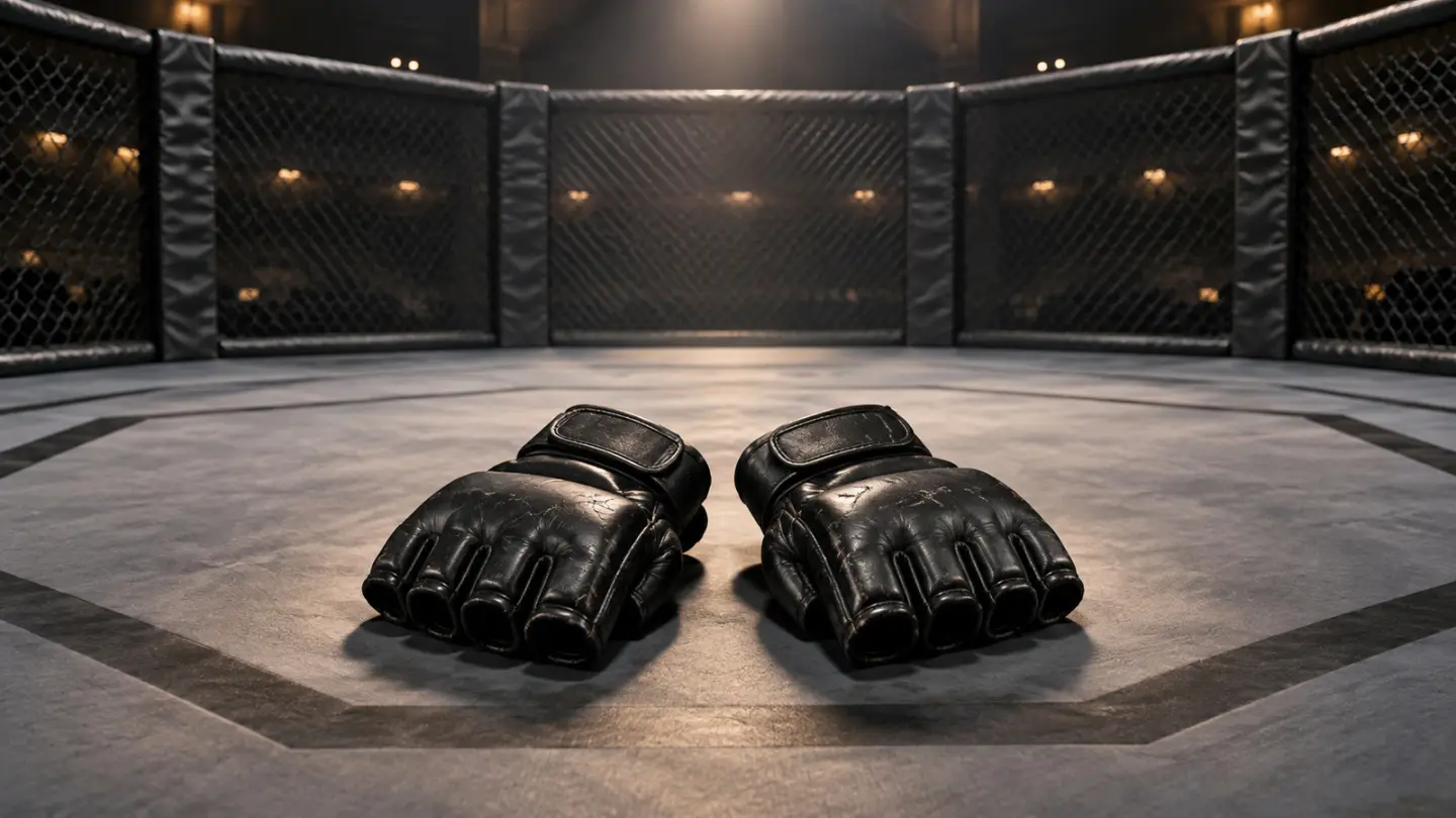 AI-generated conceptual illustration of MMA gloves left in an empty cage; not Gerald Meerschaert’s actual gloves