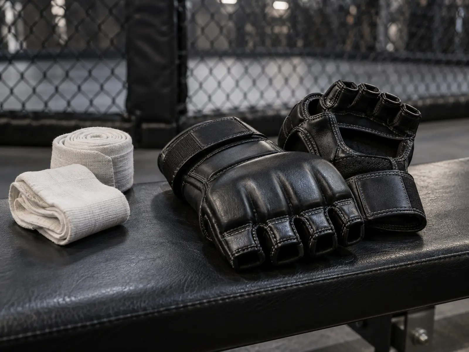 AI-generated close-up of MMA gloves and wraps on a gym bench